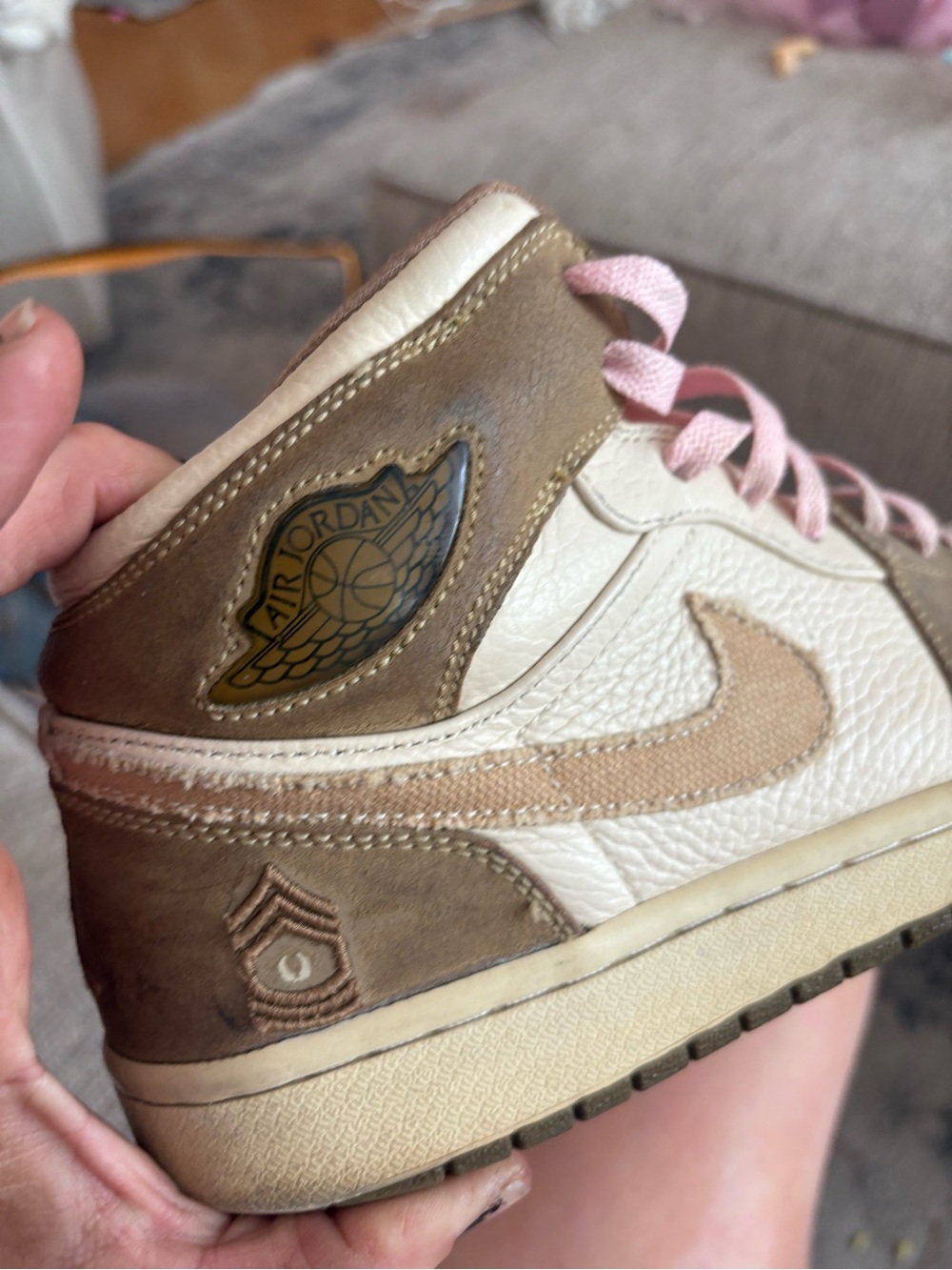 Women's Brown and White High-Top Sneakers with Pink Laces - Picture 5 of 6